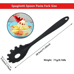 Spaghetti Spoon Pasta Fork,Silicone Pasta Fork,11.2 inch Spaghetti Strainer Kitchen High Heat Resistant Noodle Spoon Server,Food Grade Pasta Spoon with Stainless Steel Handle,BPA Free (Black)