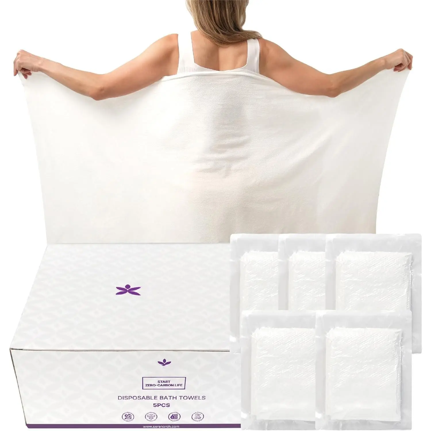 Synthetic Absorbent Compact XL Vacuum Sealed Disposable Bath Towels, 5-Pack (55"x27.5") | Modern Dry/Wet No-Water-Needed Travel Towels for Camping, Gym