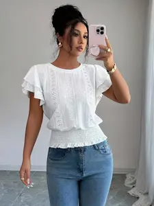Women's Spring Summer Knit Solid Color Elegant Ruffle Sleeve Round Neck Short Sleeve T-Shirt, Casual Daily Work Office Valentine Date Night Wear