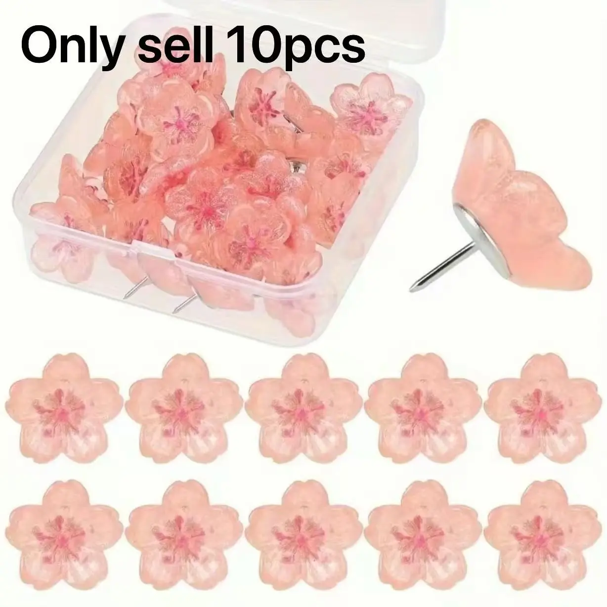 10pcs/box Pink Sakura Flower Pushpins -Decorative Durable ABS Resin Thumb Tacks for Organize Photos,Postcards & Notes, Message, Paper Packaging