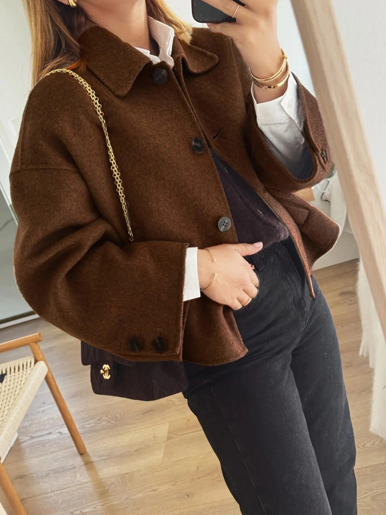 Elegant Vintage Style Women's French Design Jacket, Fashionable Casual Long Sleeve Single Button Woolen Coat, Office Wear, All Seasons, Fit