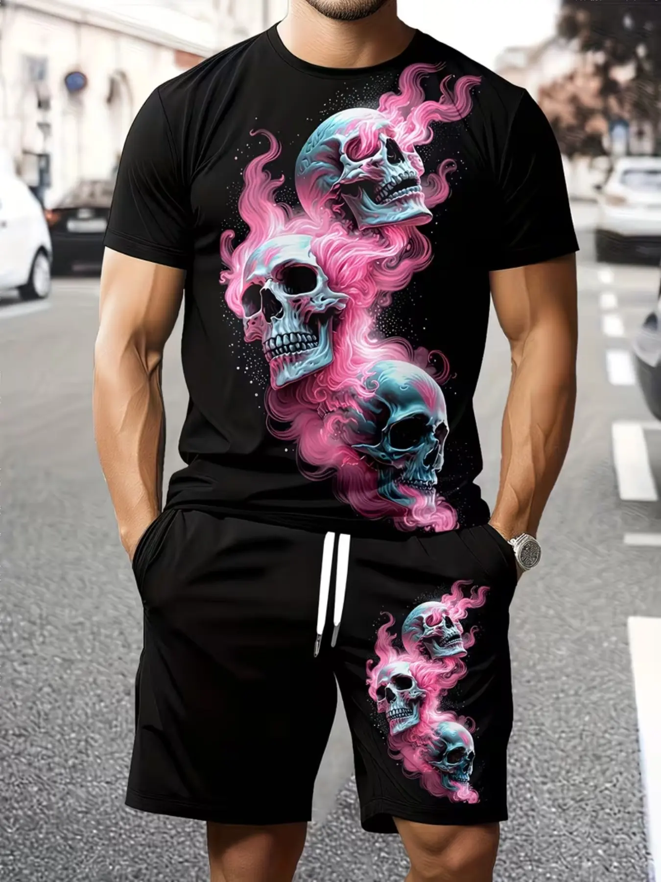 Men's Two-Piece Set, 3D Skull Flame Print Short Sleeve T-Shirt, Elastic Waist Shorts, Summer Casual Gothic Street Style, Party