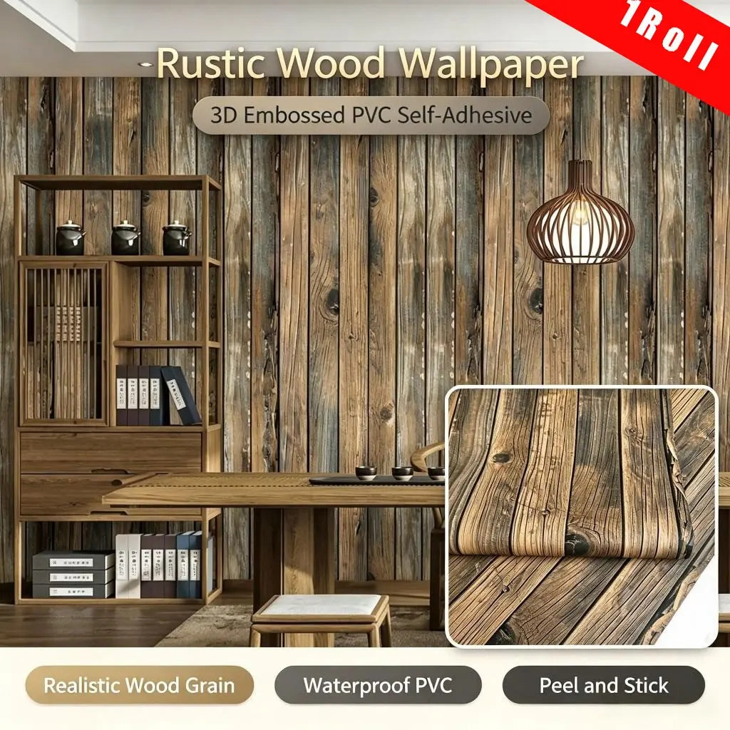 Retro Brown Wood Grain Self-Adhesive PVC Wallpaper – Waterproof Peel and Stick Contact Paper for Kitchen Cabinets, Countertops, Furniture, and Walls, Stain Resistant Removable Vinyl Wrap for Home Renovation (17.7" x 118")