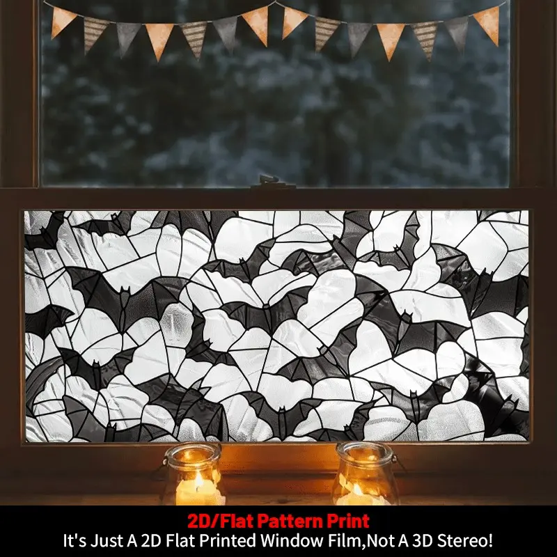 Halloween Window Film, and Bat Pattern, PVC Static Adhesive, Home Decor Sticker, Privacy Protection, Living Room, Bedroom, Kitchen, Bathroom