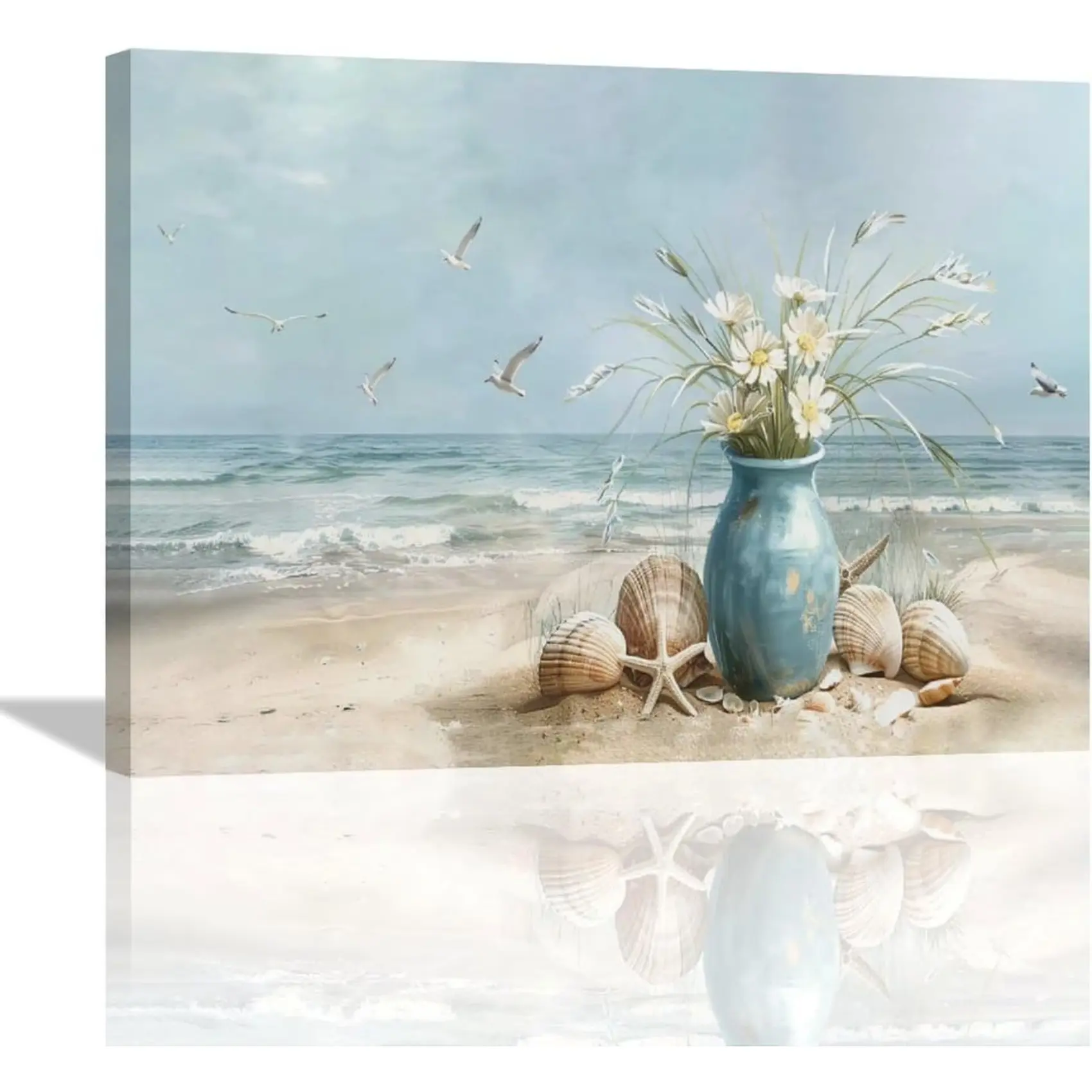 Beach Wall Art Ocean Floral Pictures Wall Decor Coastal Seascape Seaside Large Master Over Above Bed Canvas Prints Horizontal Framed Artwork Paintings Home Office Decorations For Living Room 16"x12"