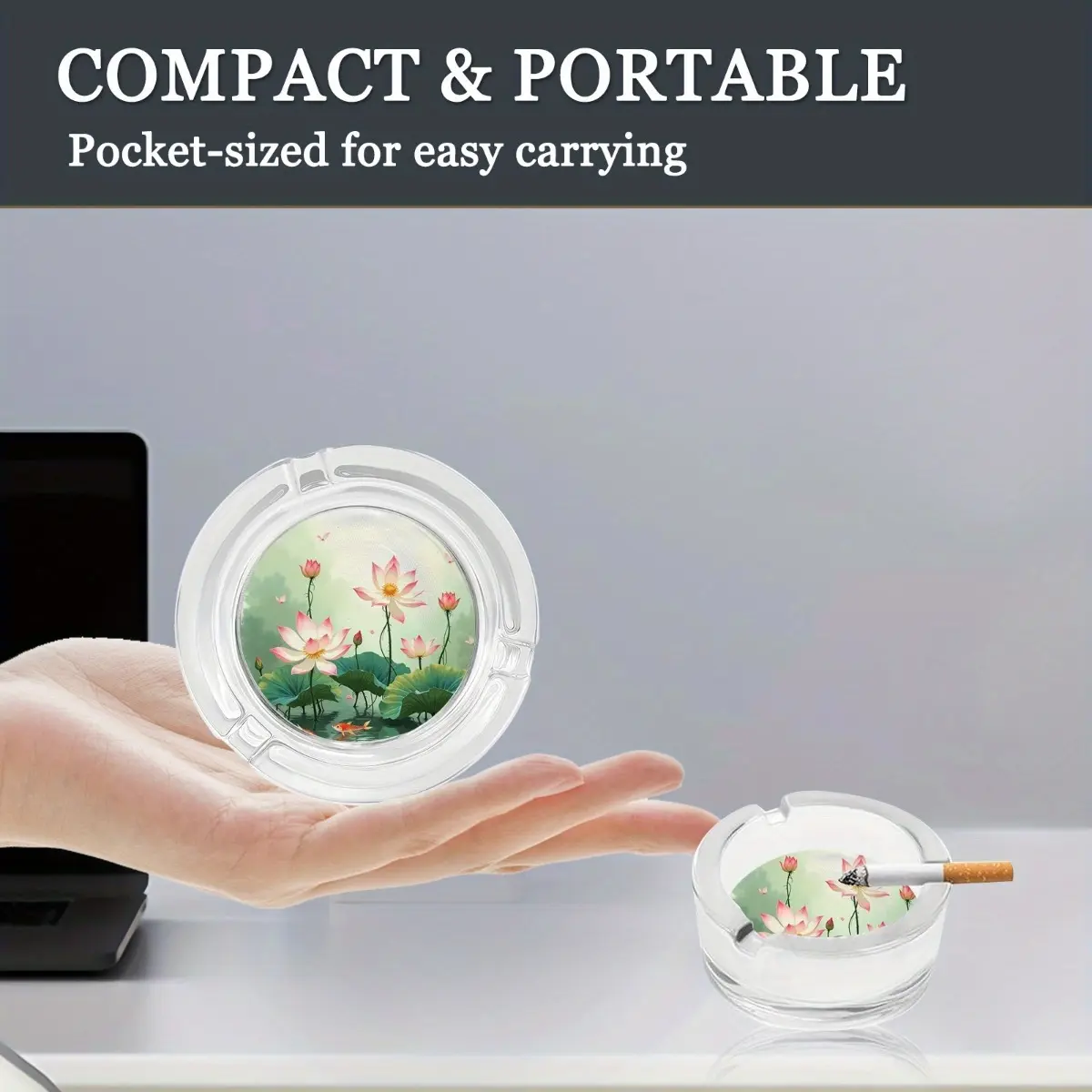 A circular ashtray with an anti slip base, showcasing a beautiful blue lotus lotus design, perfect for home, office, or bar use - a stylish and practical ashtray suitable for plant enthusiasts and decoration collectors