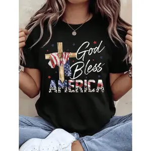 God Bless America Cross Flag T Shirt Patriotic Christian Usa Independence Day Fourth Of July Celebration Apparel,220g outfit men father day