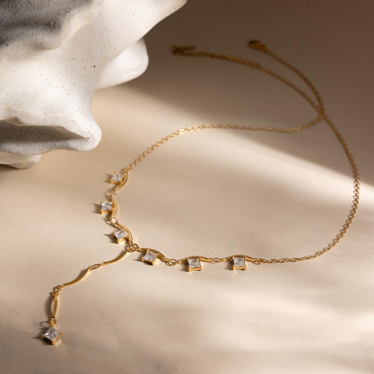 18K Gold Plated Stainless Steel White Square Wave Bar Necklace & Y‑Shaped Necklace, Fashionable and Personalized Jewelry