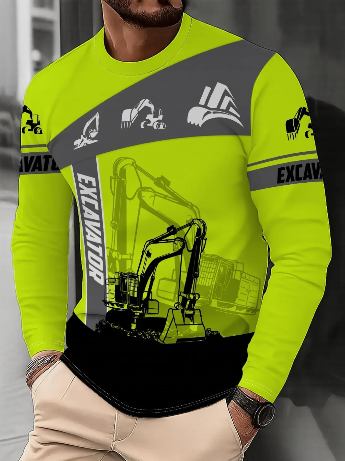 Men's Fluorescent Green Excavator Printed Crew Neck Long Sleeve T-shirt Engineering-themed Casual Sports Top for Outdoor Construction Work