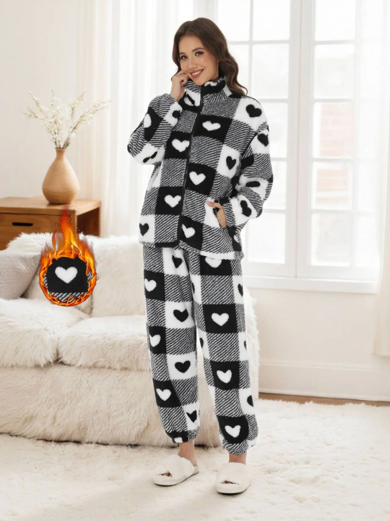 Women's Fall Winter Sweet Cool Casual Plaid Heart Fuzzy Pajama Set, Stand Collar Zipper Open Front, Comfortable Warm Home Wear