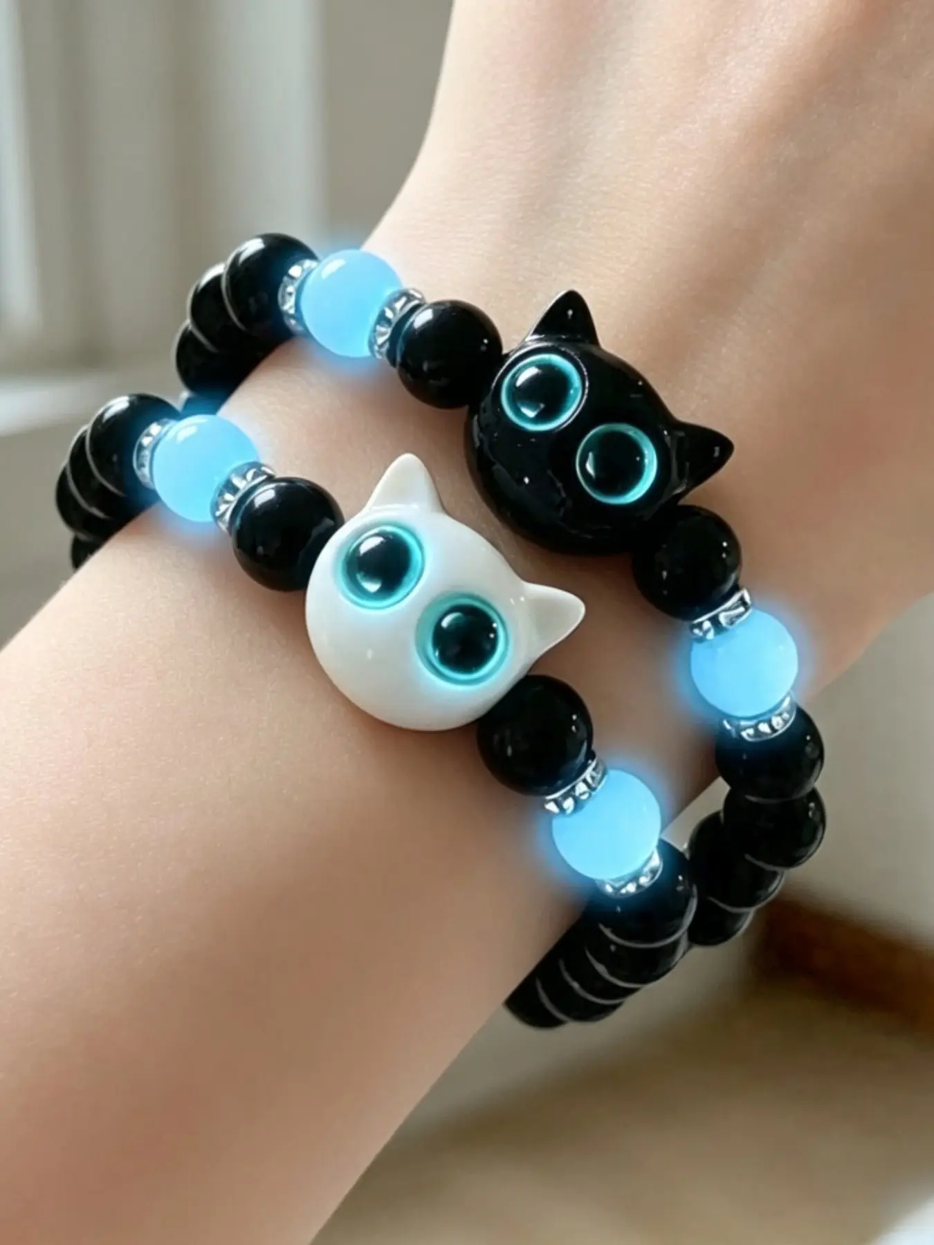 12pcs 6pcs Night Glow Fluorescent Blue Bead Obsidian Bracelet, Cartoon Large Head Cat Best Friend Couple Wristband Accessories