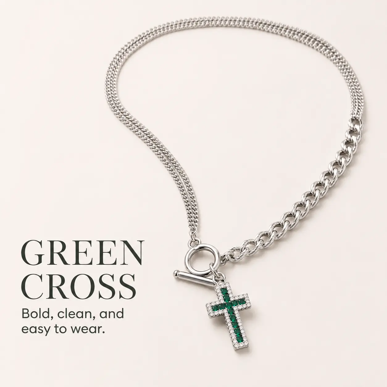 Unisex Titanium Steel Alloy Cross Necklace - 1 Necklace, 19.6in, 20.5g, Green Rhinestone 1-Piece Pendant, Fashion Costume Jewelry for Men/Women, One-Piece