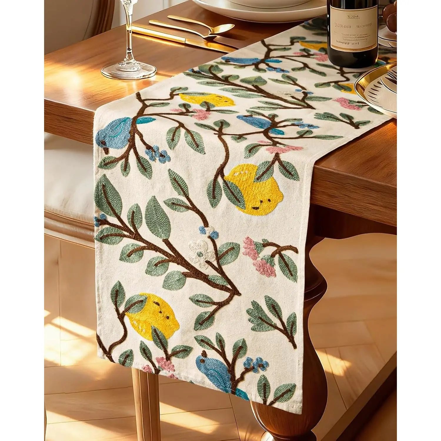 Canvas Embroidered Table Runner - 13"x 72" Coffee Table Runner for Living Room Narrow Tablerunner for Dining Room Washable Farmhouse Kitchen Island Counter Decor Housewarming Gift, Lemon Bird