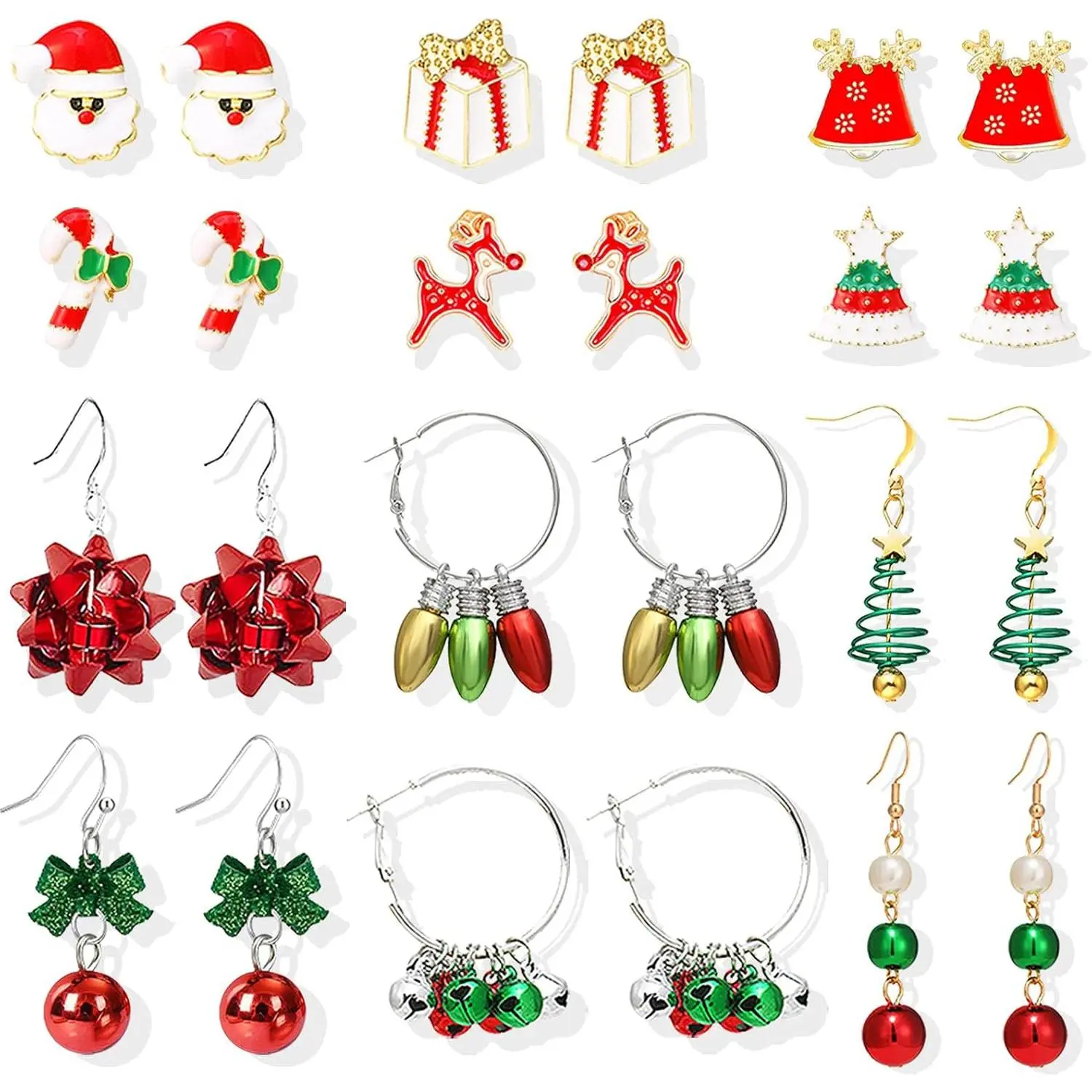 12 Pairs Christmas Earrings for Women Holiday Stud Earrings Set with Santa Reindeer Tree Bow  Candy Designs   for Christmas Party Outfits Stocking Stuffers Gifts