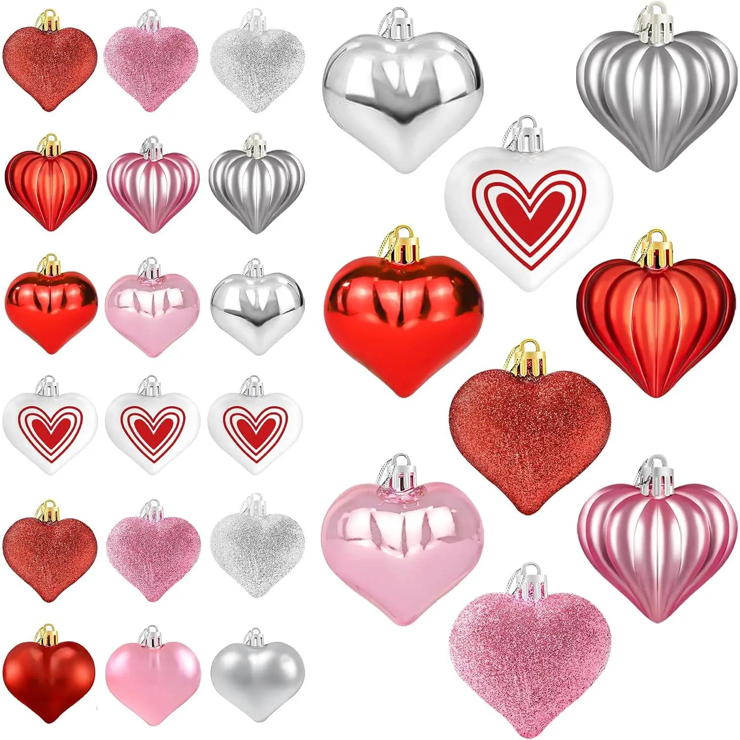 36 count Heart Ornaments for Valentines Day Decorations,Red   White Glitter Heart Shaped  Baubles,Romantic Valentines Tree Decorations for  Party Office