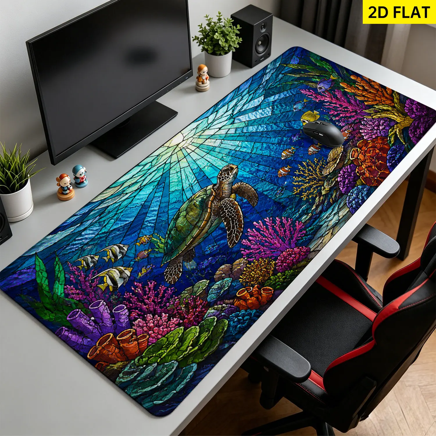 Extra Large stained glass sea turtle ocean underwater Mouse Pad,Non Slip Rubber Pad,Desktop Decoration Drotection Pad,Washable,Lock Edge Multi Size,Premium Multipurpose Mousepad For Home,Office,Gift for Family and Friends