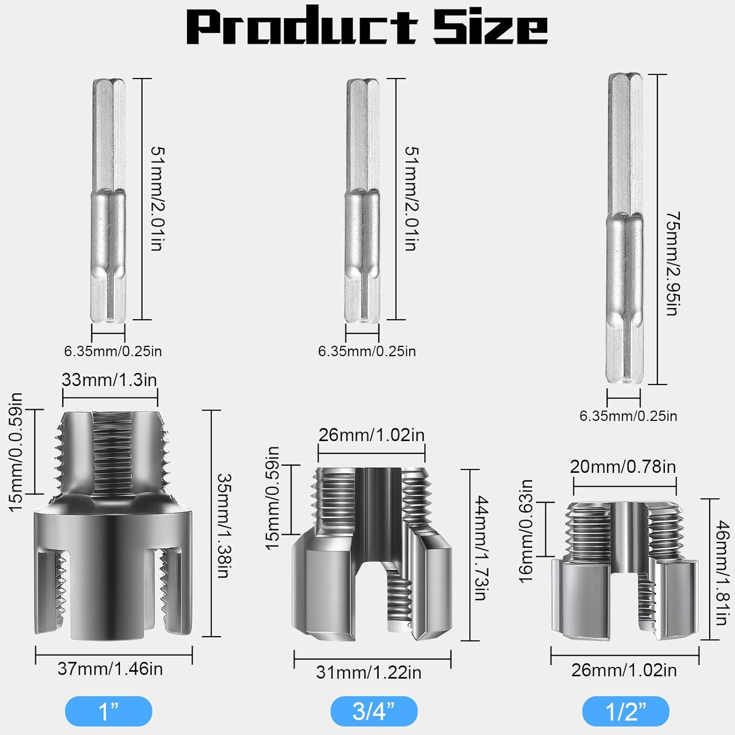 Pipe Thread  Tool Integrated Internal & External Pipe Threading Tool Electric Drill Compatible PVC Tube Threader Kit, 1/2", 3/4", 1'' Tube Sizes Rethreading Kit(3 Sizes,,3 Pcs)