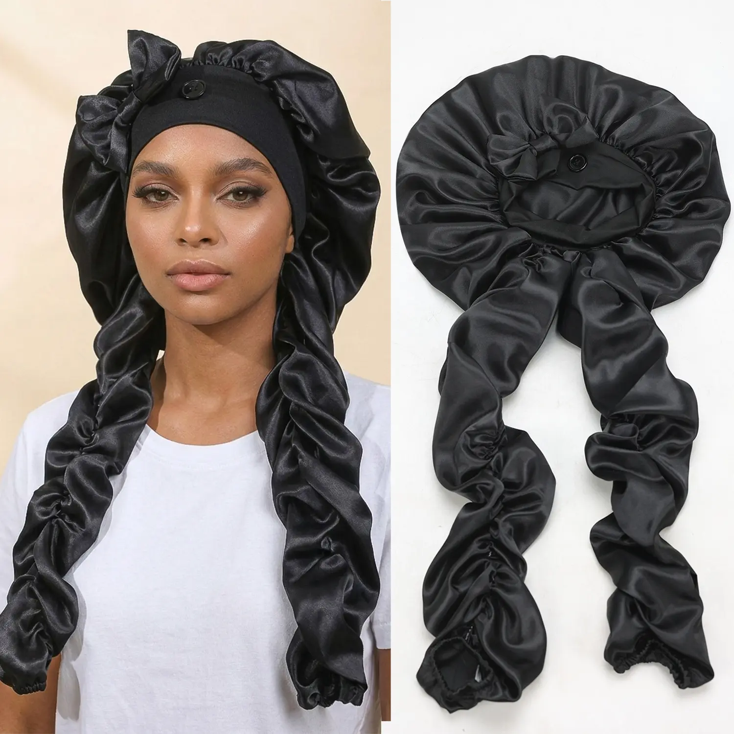 New Satin Silk Bonnet for Women, Bow Decor Sleep Hair Cap, Popular European‑American Night Head Cover for Long Braids Dreadlocks