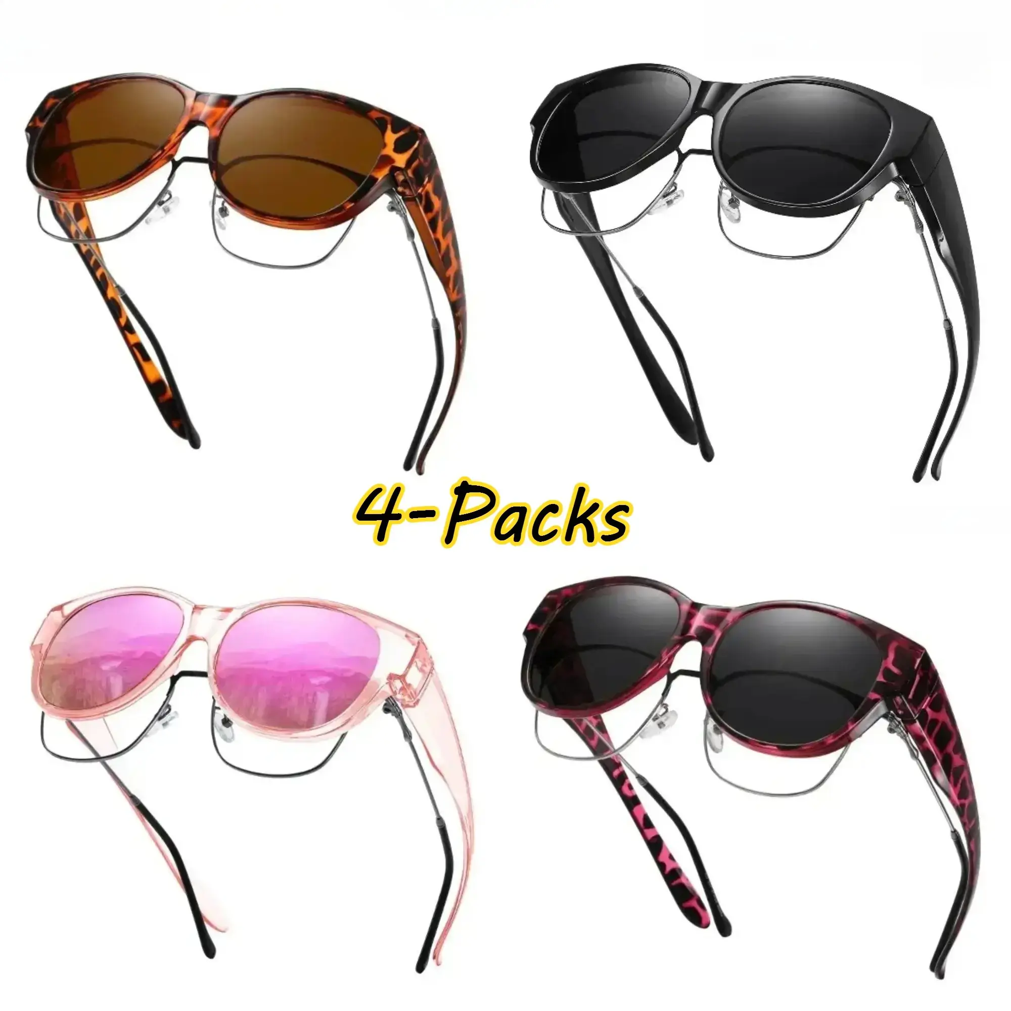 Unisex Oversized Polarized Eyewear 4-Pack, Large Frame Fit-Over Fashion Shades, UV400 Lightweight Anti-Glare for Outdoor Sports, Driving, Classic Design, Polarized Lenses