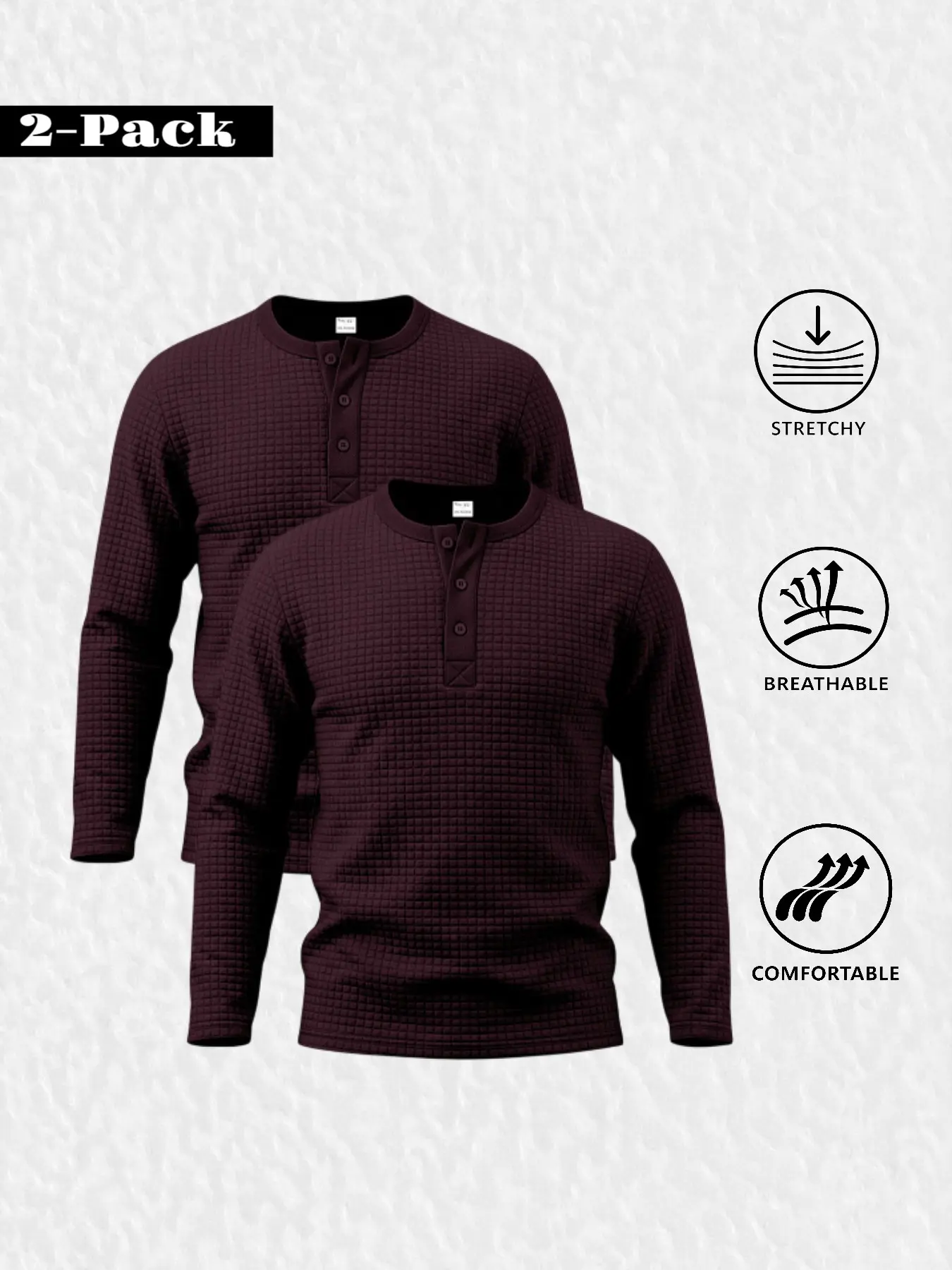 2-Pack Men's Fall Winter Textured Henley Shirts, American Vintage Casual Style, Three-Button Half Open Collar Long Sleeve Tops, Solid Shirt