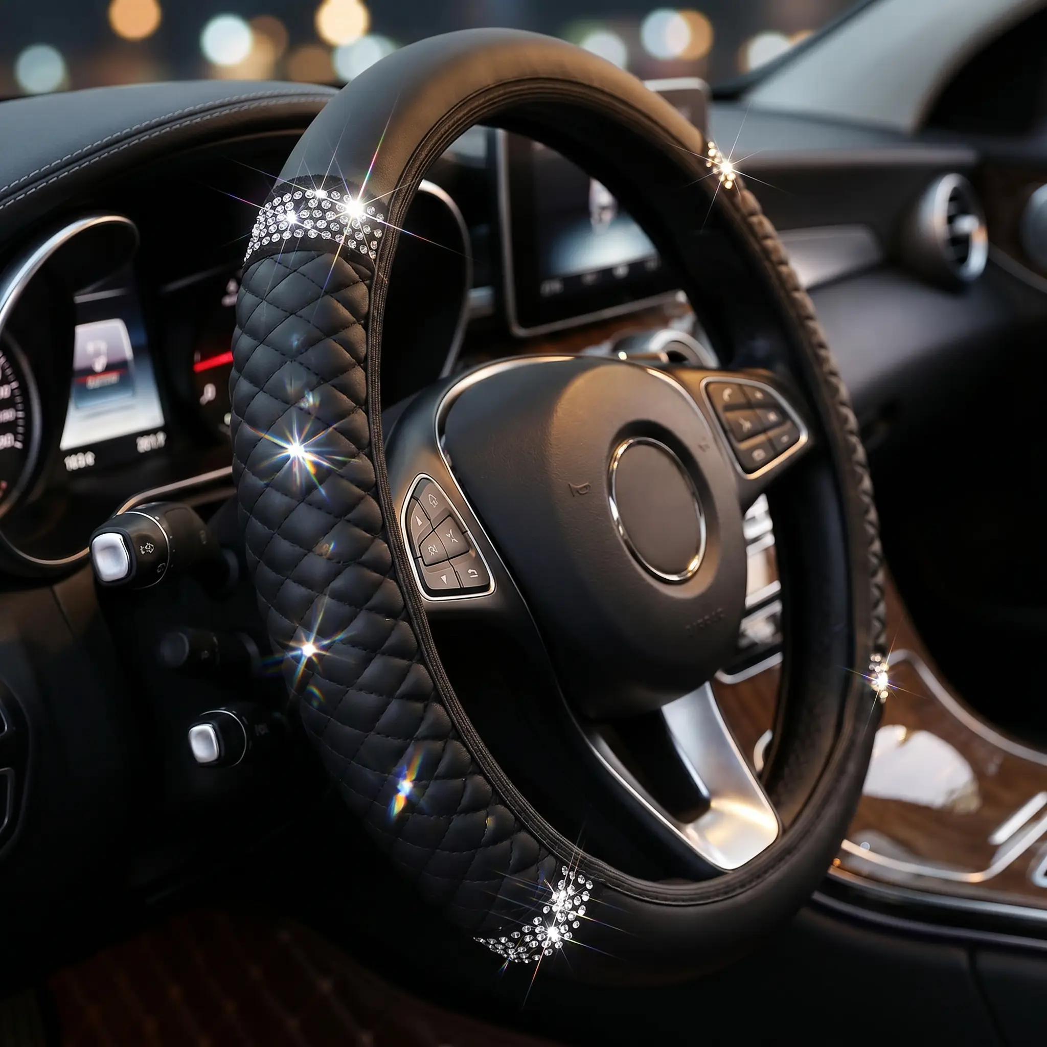 💎Bling Rhinestone Leather Steering Wheel Cover| Sparkly Crystal Diamond Auto Wheel Protector, Universal 14.5"-15" Fit for Sedans, SUVs, Trucks & Vans, Cute Women’s Car Interior Decor✨