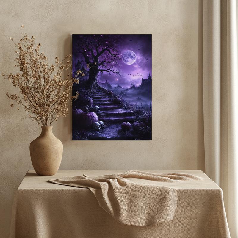 Frameless Gothic Tree and Moon Halloween Canvas Art Poster, Black Purple Sky , Exquisite Decorative Mural for Living Room, Bedroom, Corridor, Office - Ideal Gift for Friends Ornaments Decoration Wall Artistic