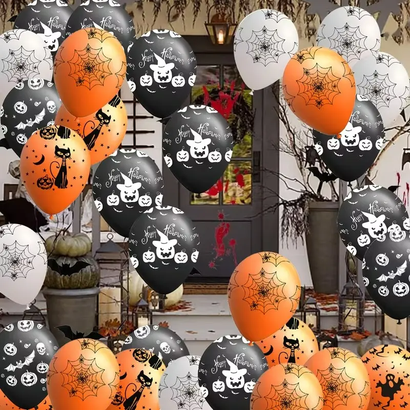 Halloween balloon set, 18 packs, black, orange and white, 12 inches in size, very suitable for decorating Halloween activities, birthday celebrations, graduation parties and Valentine's Day parties, suitable for Halloween and Christmas.