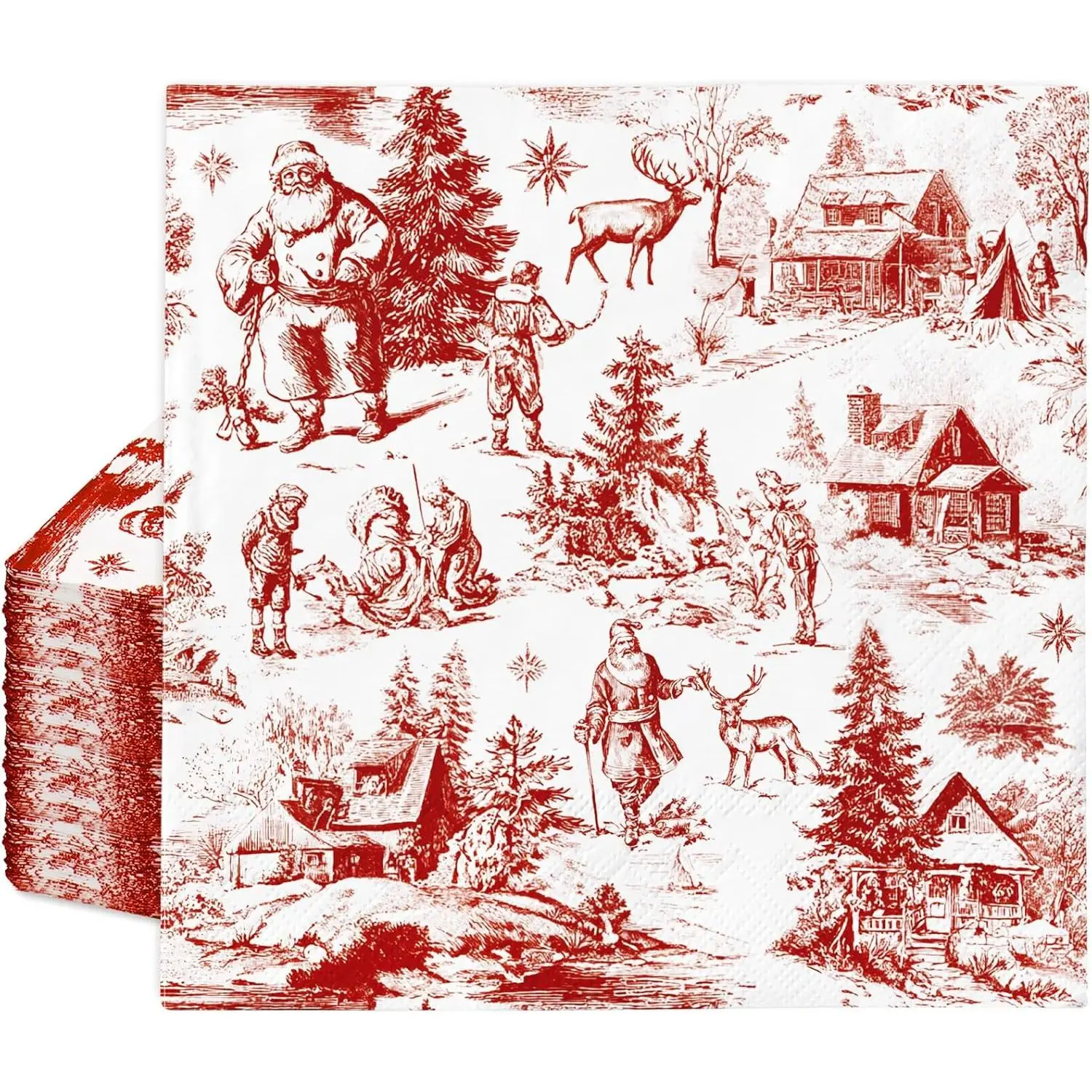 100 count Christmas Paper Napkins Brownish Red Toile de Jouy  Disposable Napkin Luncheon Dinner Napkins for Xmas Party Supplies Tableware Decor