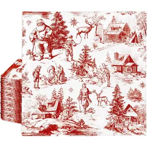 100 count Christmas Paper Napkins Brownish Red Toile de Jouy  Disposable Napkin Luncheon Dinner Napkins for Xmas Party Supplies Tableware Decor