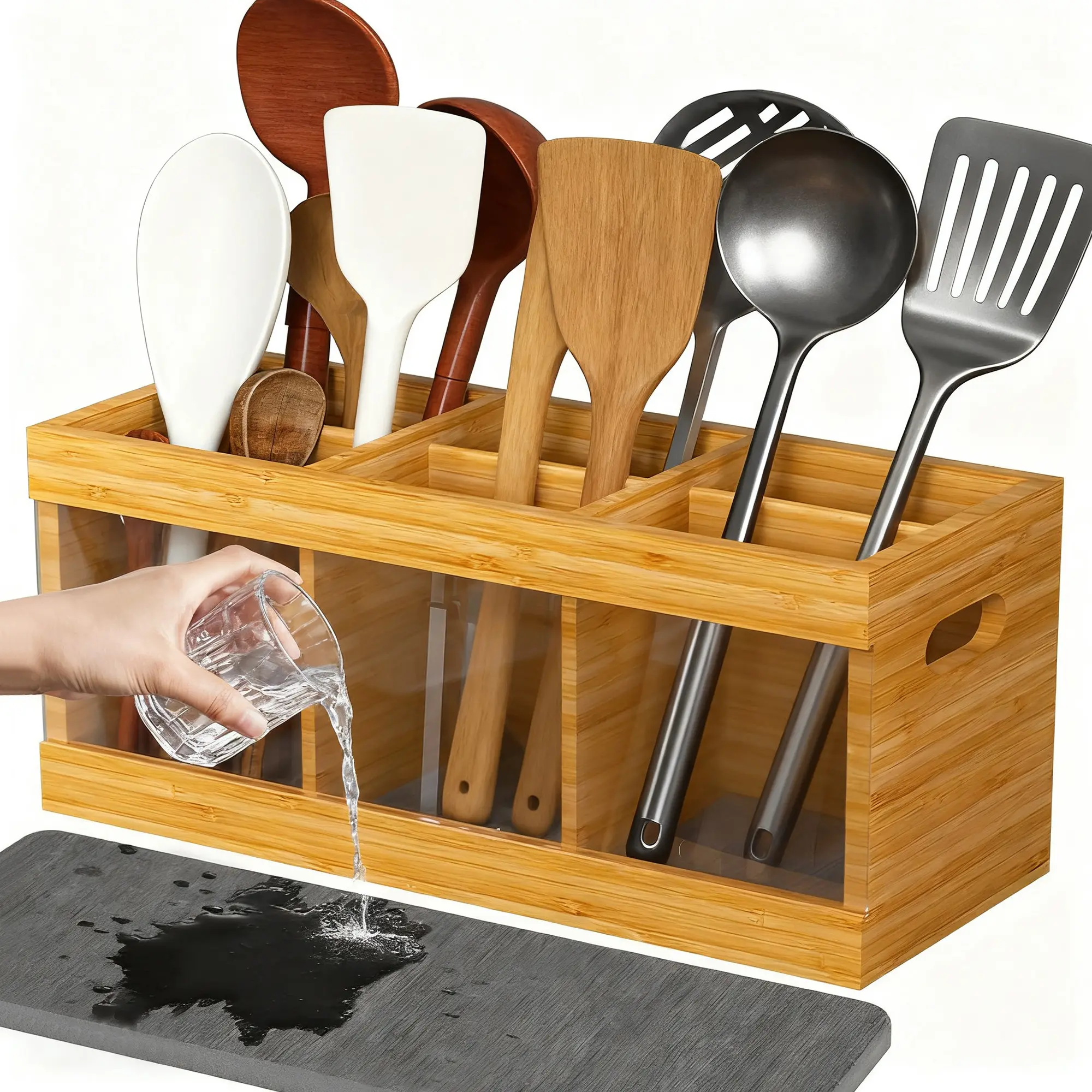 Bamboo Kitchen Utensil Holder with 6 Compartments & Diatomaceous Earth Drying Mat – Wooden Countertop Caddy Organizer for Spatulas, Ladles, Whisks, and Flatware