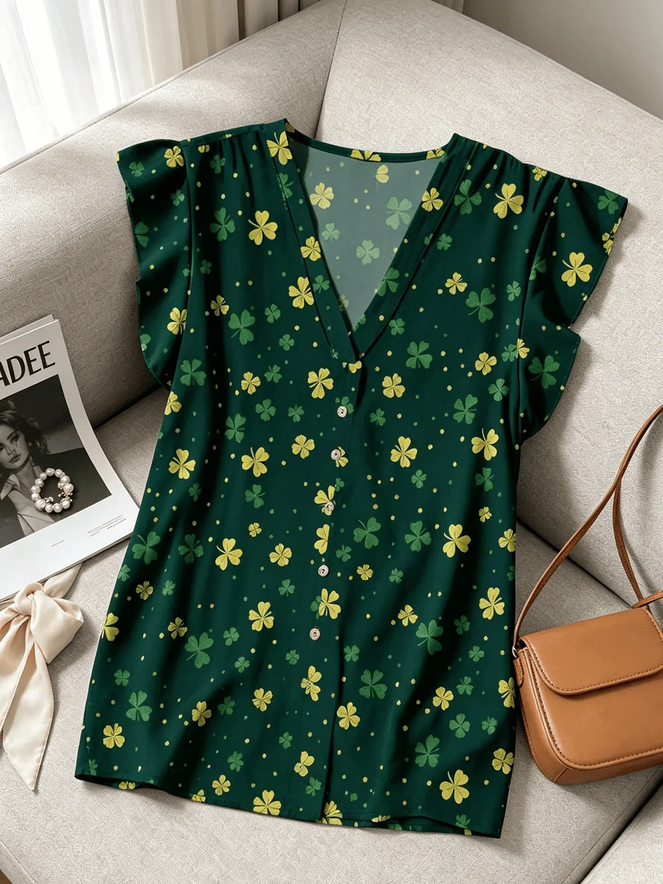 Plus size one women's plus size slimming dark green floral ruffle V-neck short sleeved blouses shirt with fresh plant print that looks white and versatile, suitable for commuting and outdoor wear, Casual Summer Tops