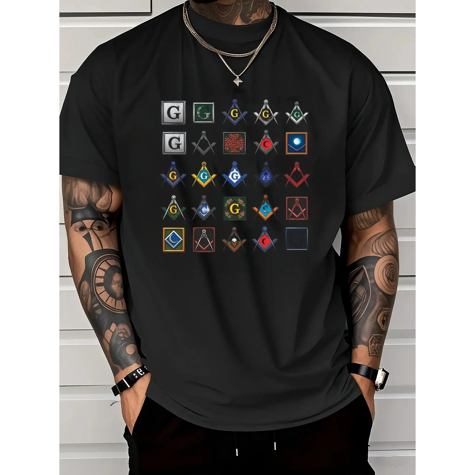 [Christmas Gifts] Men's Freemason Symbol T-Shirt - Masonic Compass & Geometry Graphic Tee, Heavyweight  Cotton Shirt (0XL-3XL), All-Season Comfort Fit for Masonic Events, Halloween, Christmas Gifts - Ideal Freemason Apparel for Brothers, Brotherhood C