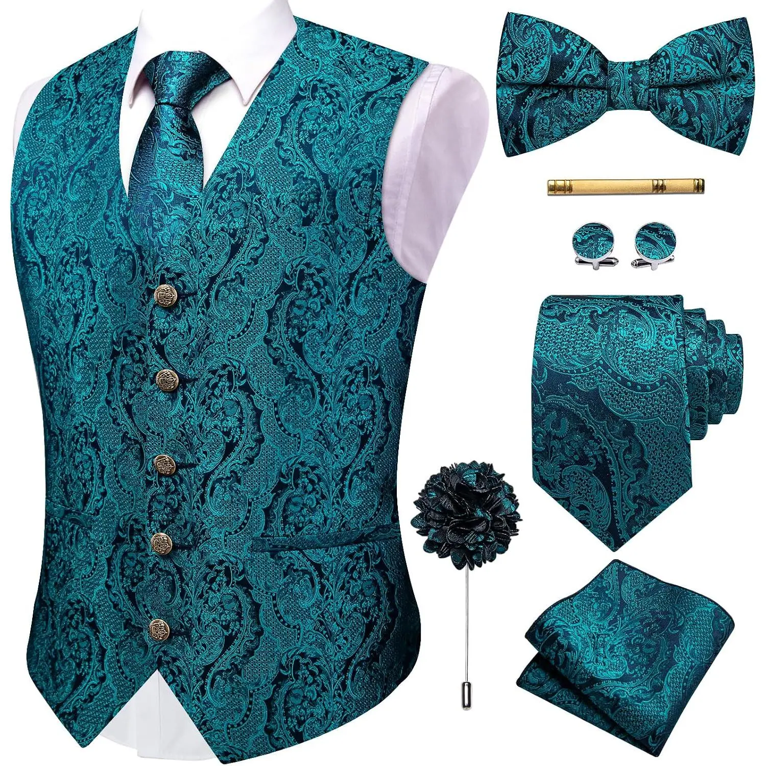 Mens Suit Vest Tie Bowtie Set Silk Paisley Formal Waistcoat Pocket Square Cufflinks Clip Lapel Pin Wedding Party