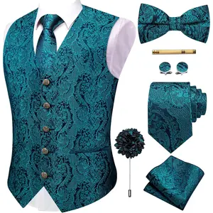 Mens Suit Vest Tie Bowtie Set Silk Paisley Formal Waistcoat Pocket Square Cufflinks Clip Lapel Pin Wedding Party
