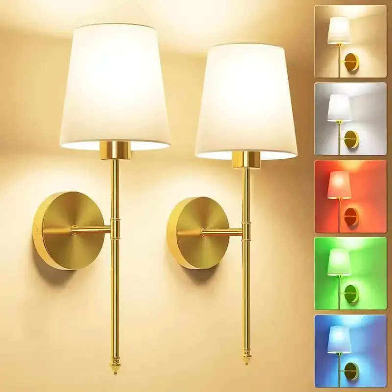 Gold Rechargeable Battery-Operated Wireless Sconce with Bulb, 16-Color RGB LED Indoor Wall Lamp with Remote Control, Color Changing & Brightness Adjusting Home Decor for Bedroom, Living Room, Movie Night