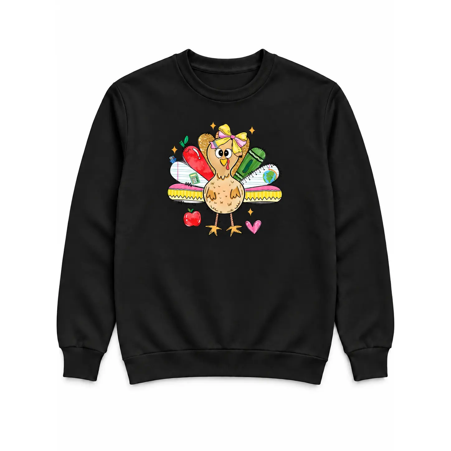 Teacher Thanksgiving Turkey Graphic T-Shirt or Crewneck Sweatshirt, Cute School Supply Tail Feathers, Unisex Classroom Holiday Shirt