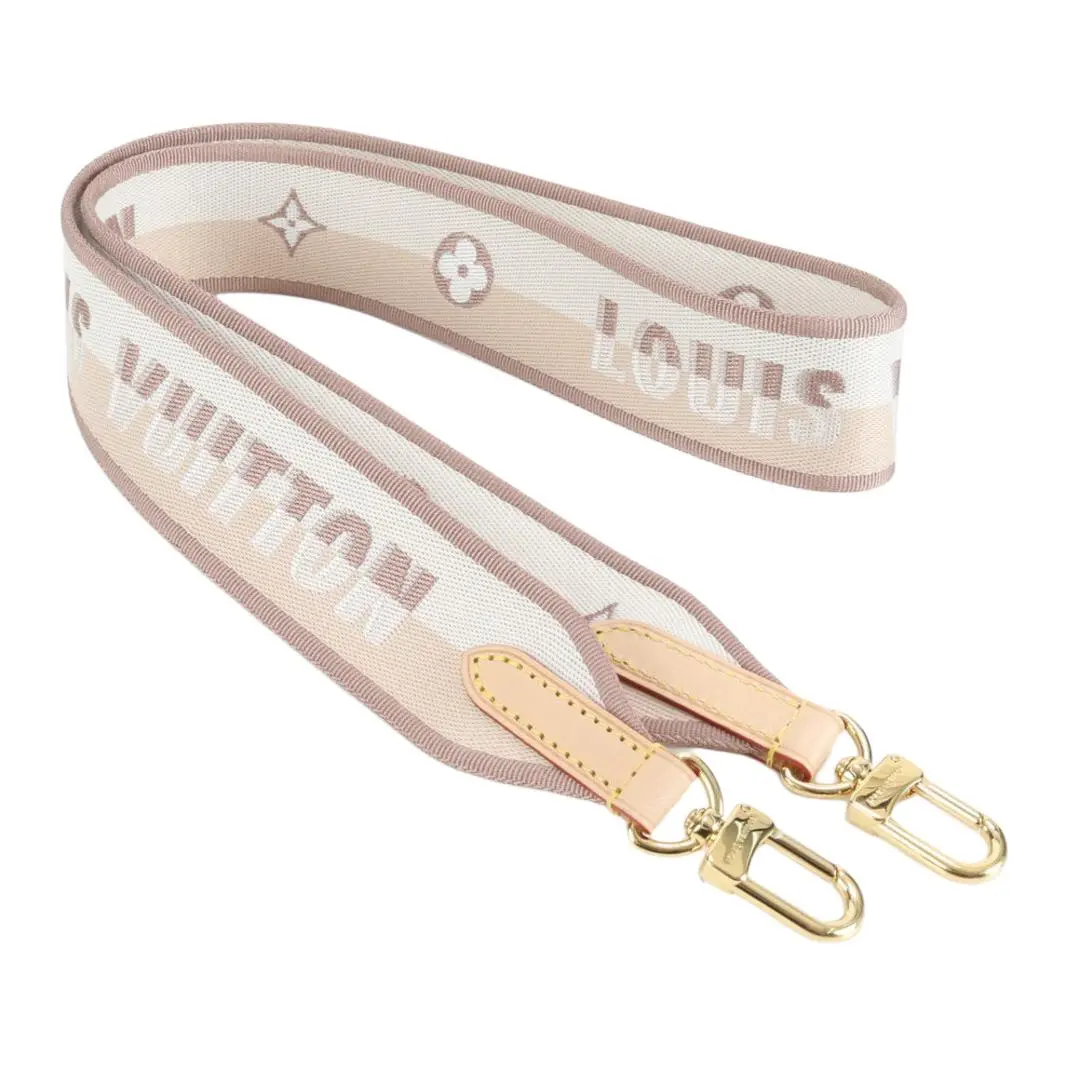 Women's Louis Vuitton Bandoulière Handbag Adjustable Bag Straps - Elegant Leather-Trimmed Fabric Shoulder Strap, Engraved Gold-Plated Hardware, Light Brown Luggage Accessory, Engraved Bag Straps