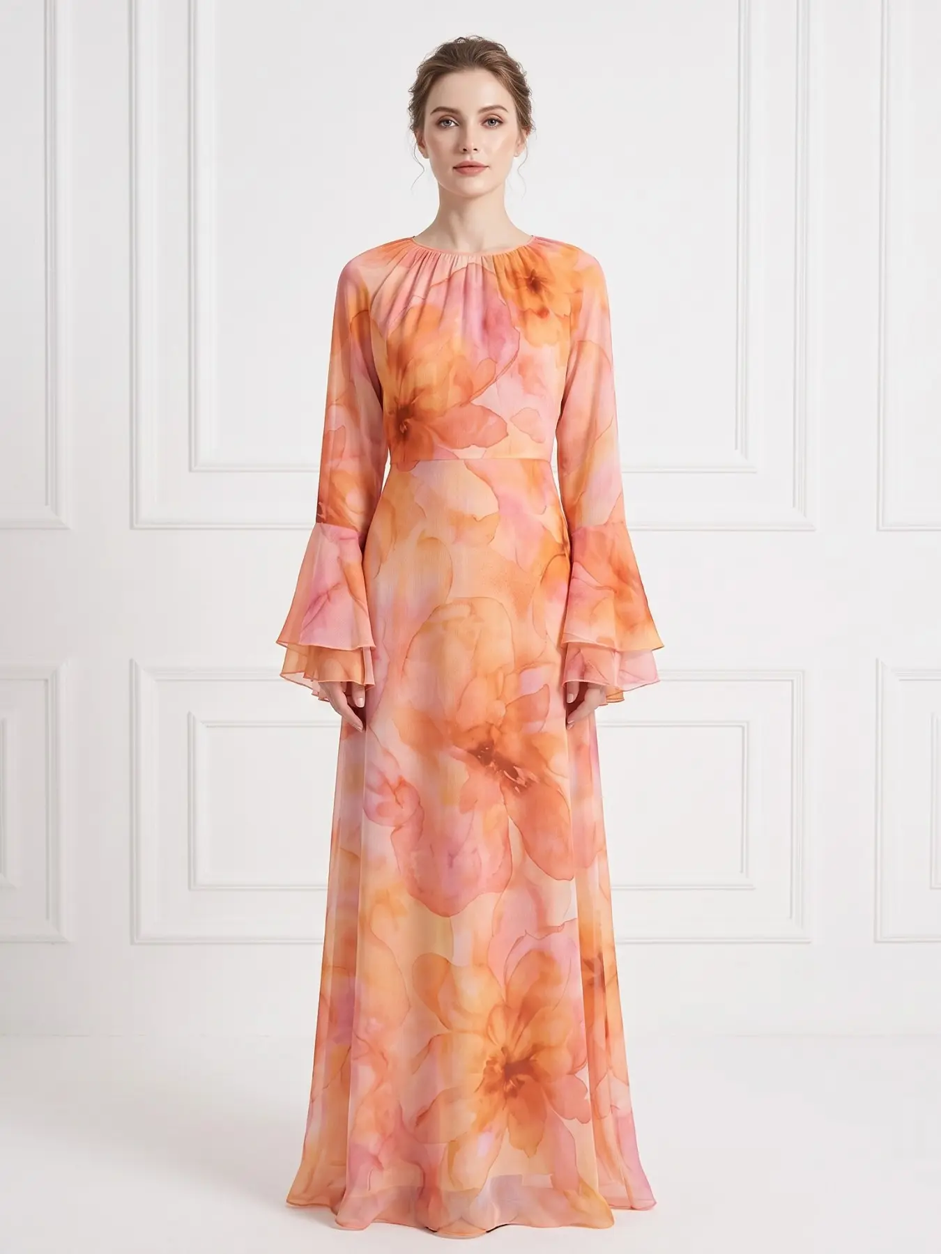 New Muslim Women's Multi-Color Ink Wash Print Bell Sleeve Long Dress, Casual Loose-Fitting Chiffon Dress for All Seasons