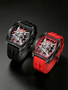 2 Pcs Men's Barrel Watch, Mechanical Quartz, Street Style, Hollow Out, Dual Dial, Silicone Strap, Casual, Sporty, Hip Hop, Versatile