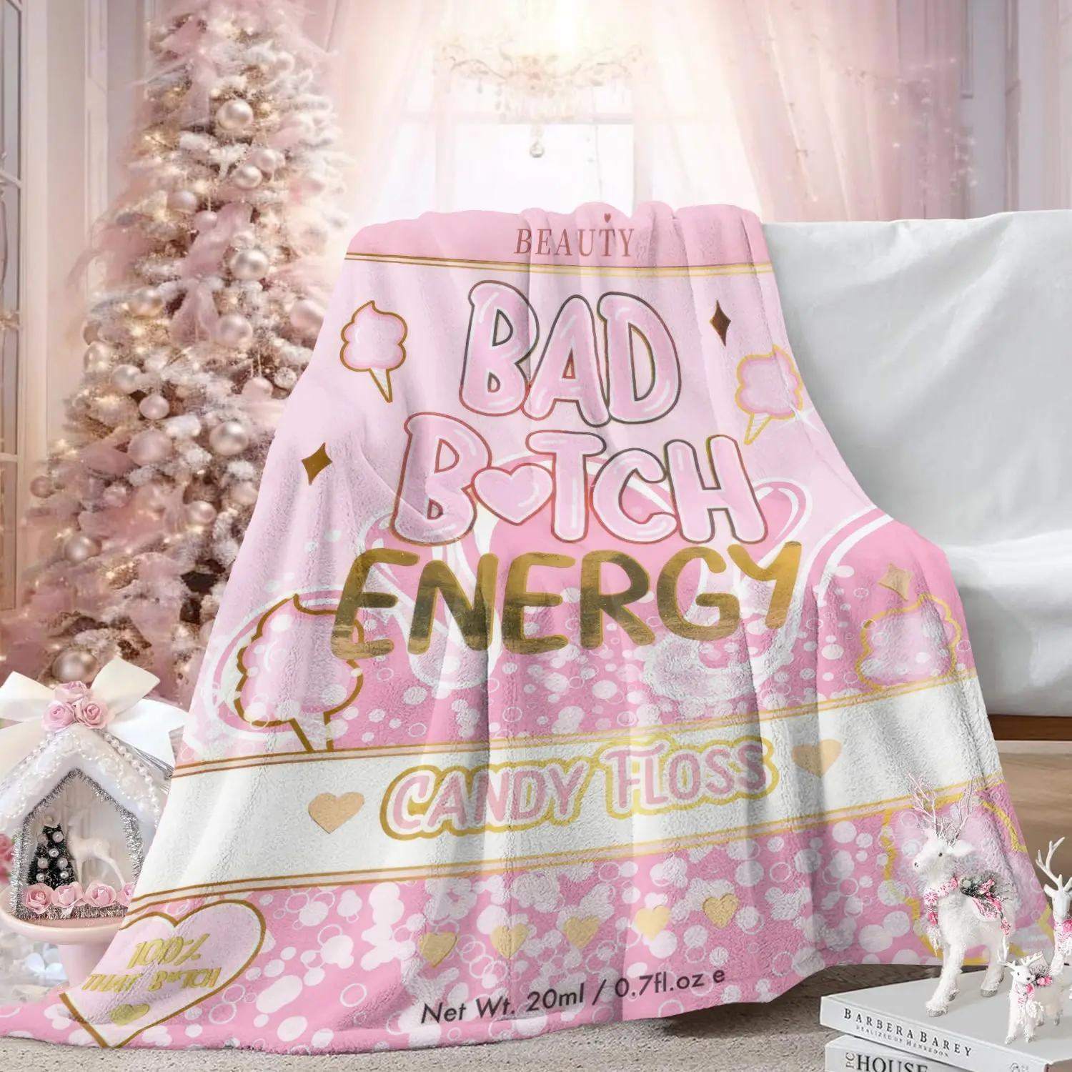 Luxury Gold Print BEAUTY Candy Floss Flannel Blanket, Bad Bitch Energy Stylish Pink Plush Fleece Cover, Multi-Functional Lightweight Warm Travel Couch Bed Throw Blanket Unique Female Holiday Gift, Multi Purpose Blanket