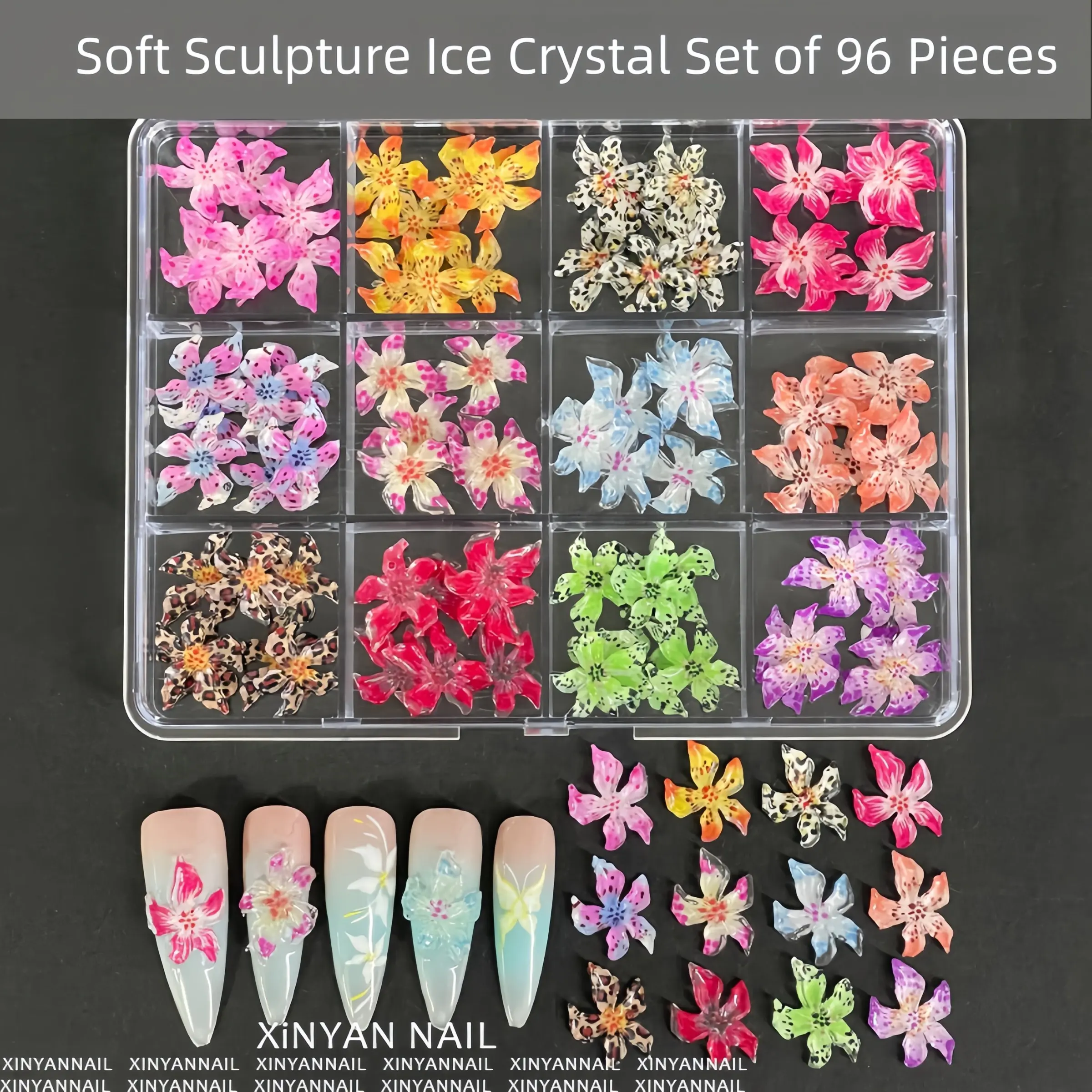 96pcs 3D Soft Resin Lily Nail Charms, Multicolor Transparent Crystal Floral Nail Art Decorations, Handmade Flower Nail Stickers