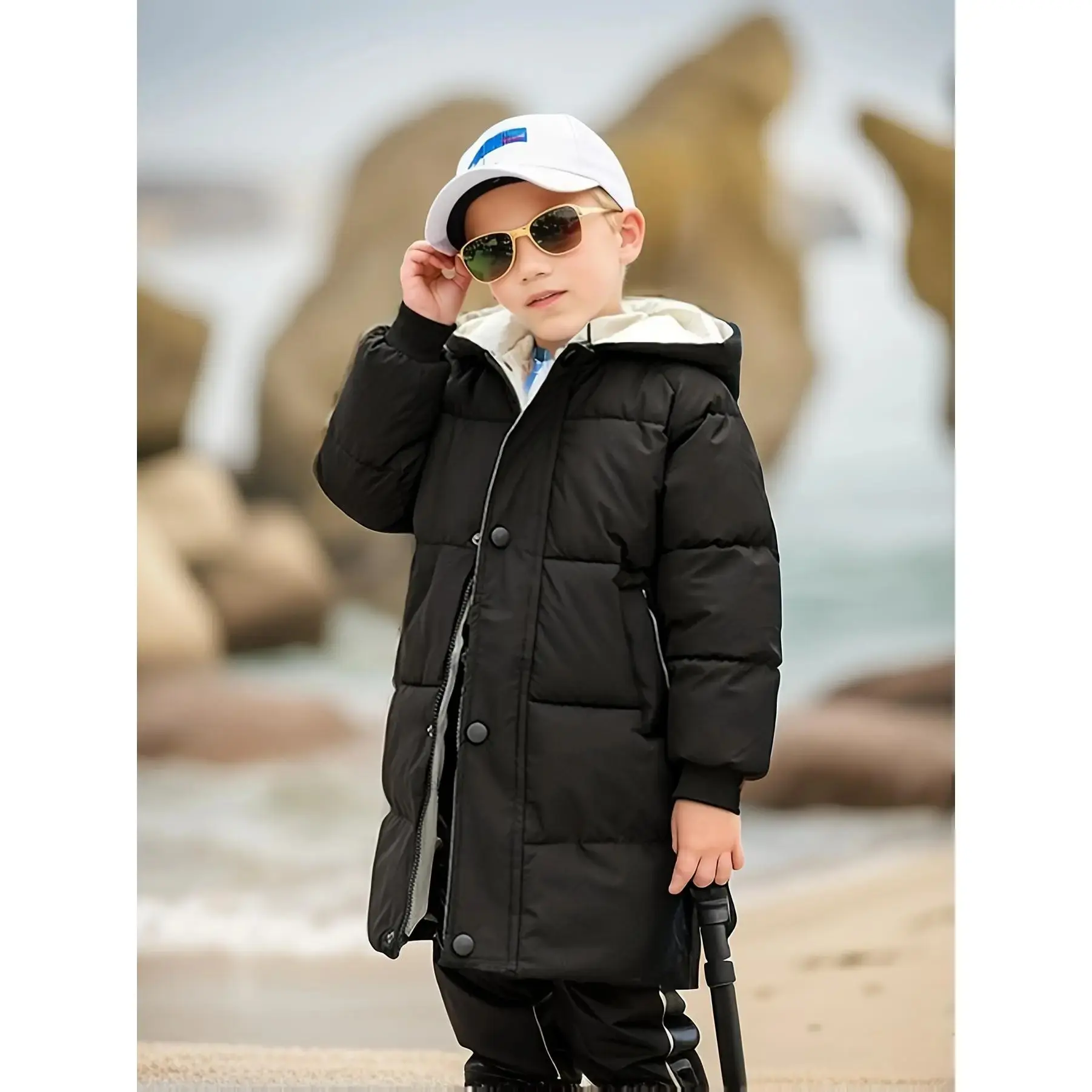 Kid'S Hooded Jacket, Medium Length Warm Zip Up Coat, Boy'S Clothes Winter Outdoor, As Gift, Thick