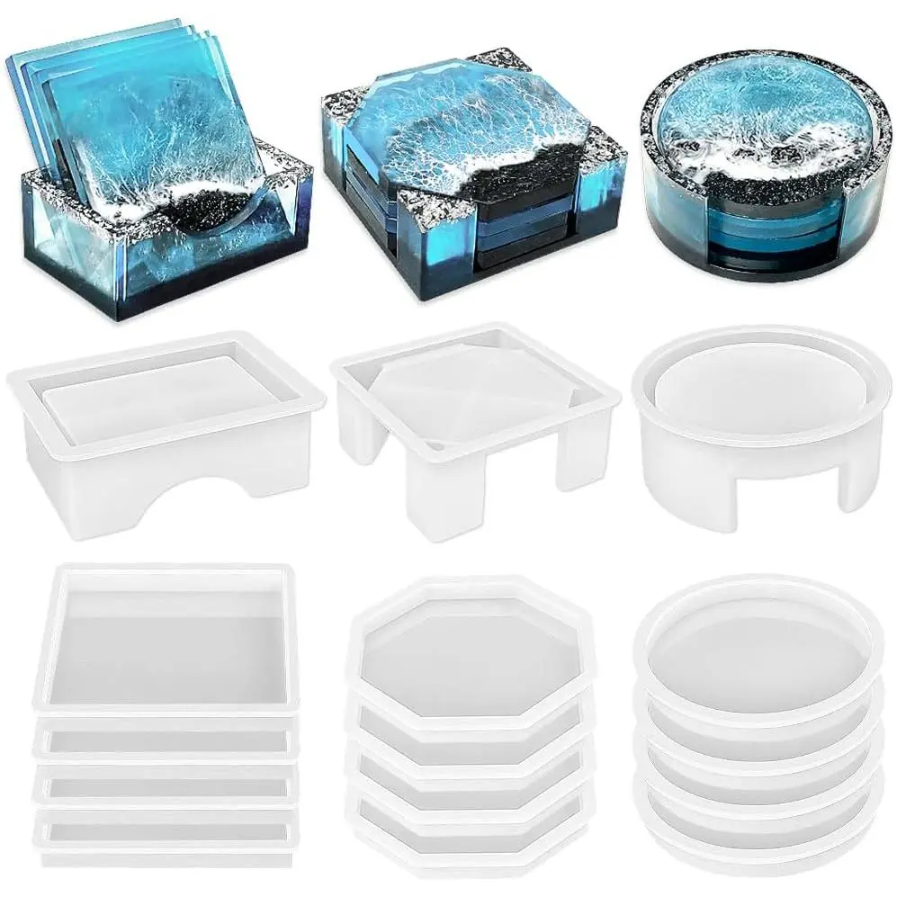 Set of 3 Thick Square Octagon Round Coaster Molds with Matching Holder Mold, Shiny Coaster  Molds for  Casting