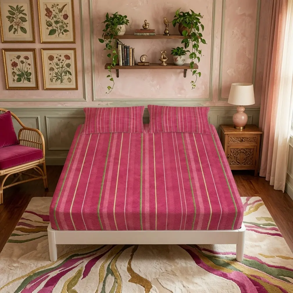 3 Pieces Hot Pink Vertical Stripe Fitted Sheet Set (1 Fitted Sheet + 2 Pillowcases, No Inserts Included), Girly Cottage Style Soft Microfiber Bedding, Ideal for Bedroom, Guest Room & Home Decor, Perfect Gift Choice