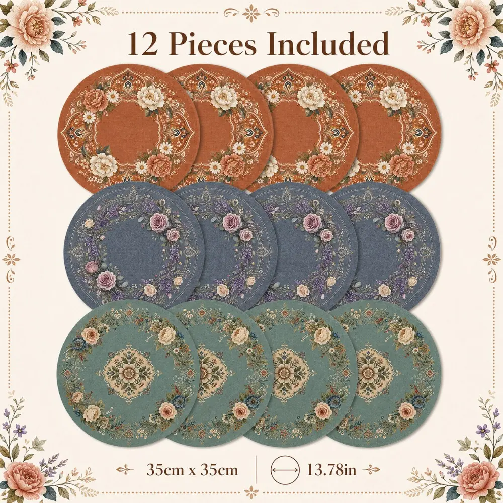 Round Placemats Set of 12, 35cm/13.78in Vintage Floral Table Mats, Boho Moon & Botanical Printed Placemats for Kitchen, Dining Table, Wedding, Farmhouse Home Decor