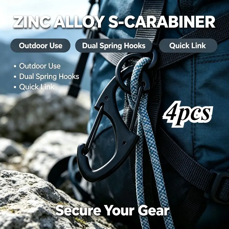 4-Piece Zinc Alloy Carabiner Hooks, Sharp Point S-Shape Dual-End Spring Hooks, Portable Metal Climbing Gear, Hanging and Fixing Hooks