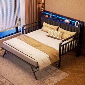 Game bed Daybed with Trundle and LED Light, Heavy Duty Metal Twin Bed Frame with Upholstered Storage Headboard & Charging Station, Day Bed Pop Up Trundle Bed Twin for Living Room,Bedroom and Guest Room