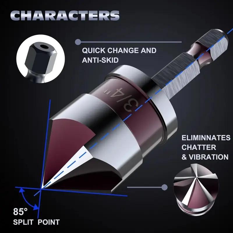 5-Piece Countersink Drill Set, Hex Shank Five-Flute Chamfering Tool, Hard Alloy, Titanium Coated, for Metal Wood Composite Material