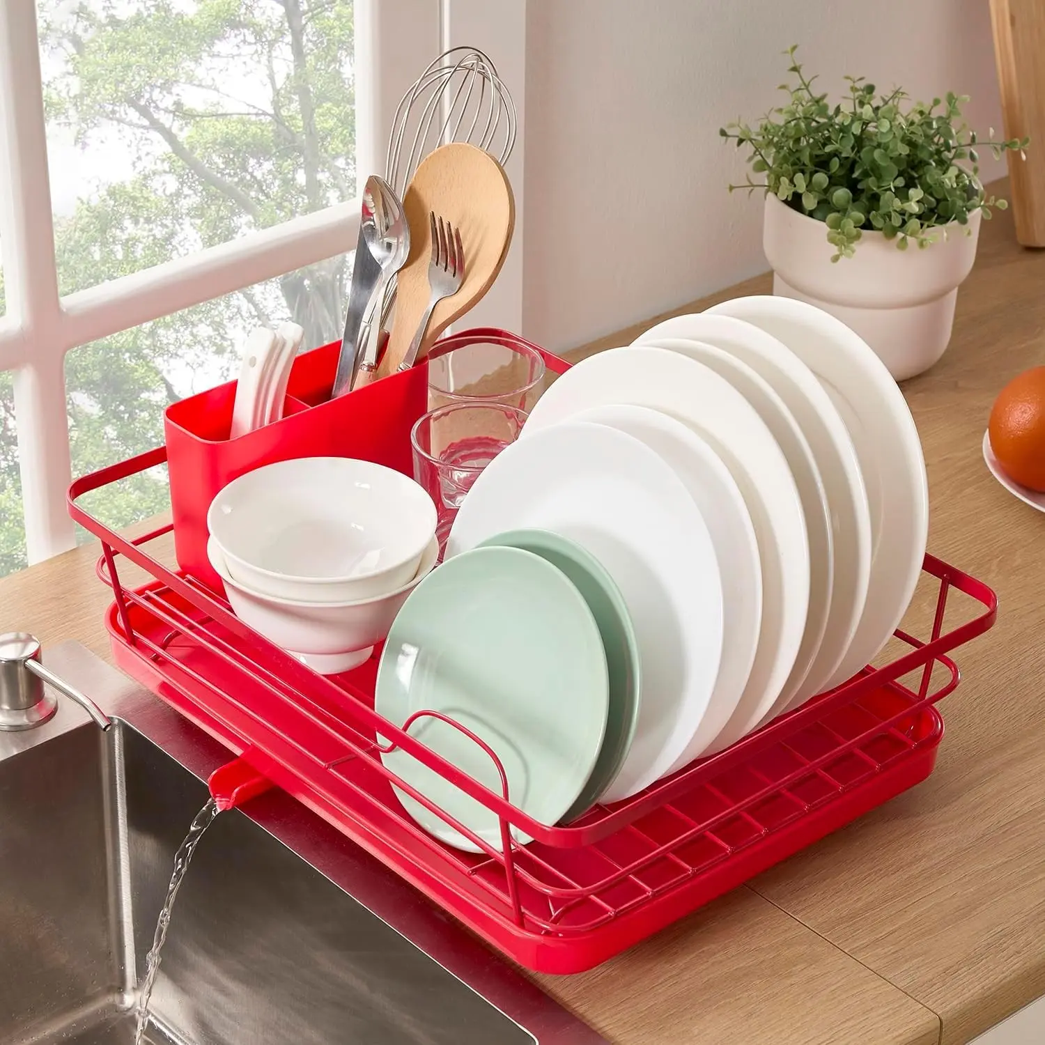 Dish Drying Rack 3-Piece Set with Drainboard for Kitchen Use, Removable Holder, Swivel Spout, Organiser for Plates Cups, Red Gift