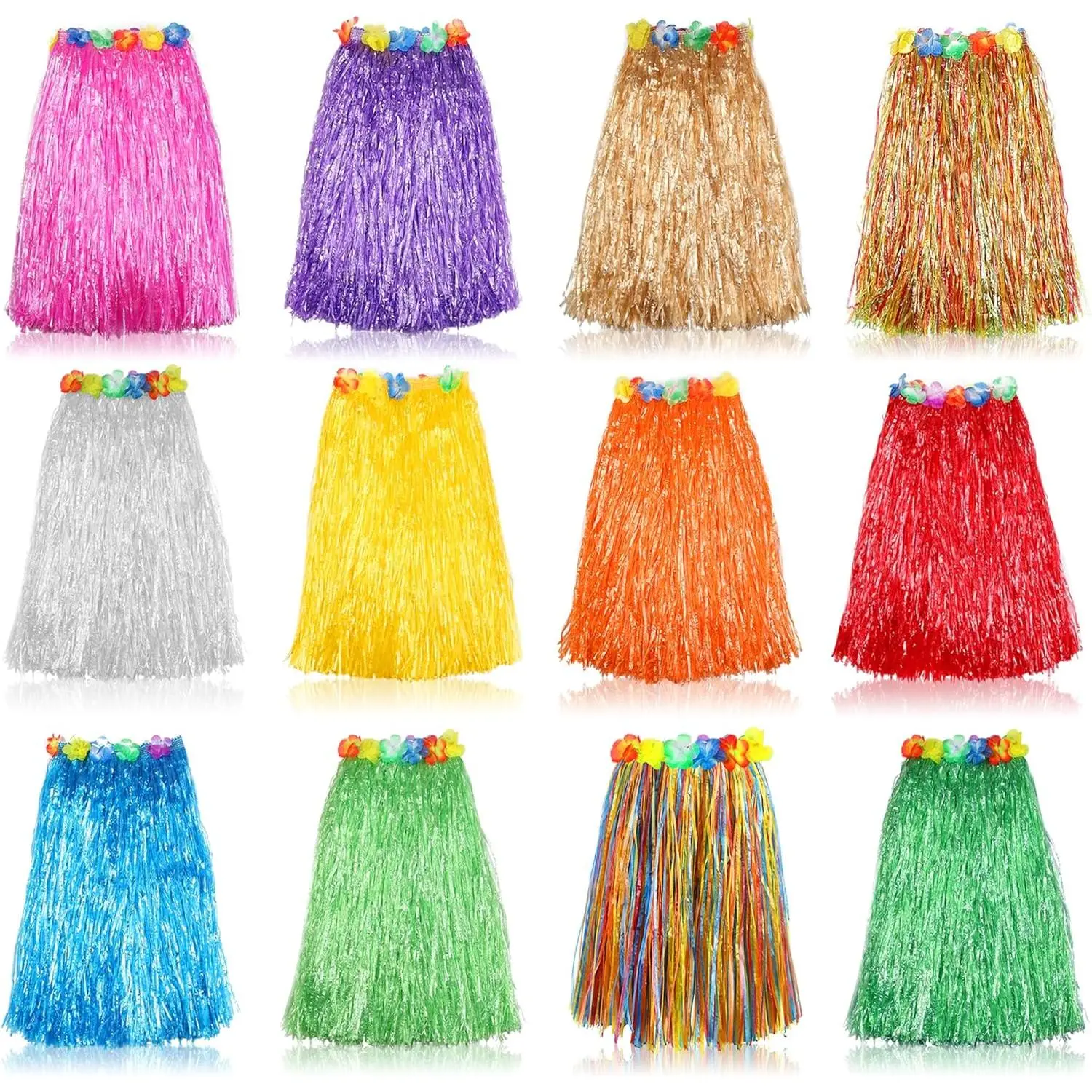 Grass Skirt Hawaiian Luau Hula Skirts - Party Decorations Favors Supplies, Elastic Waist with Hibiscus Flowers, Tropical Skirt for Adult, Birthday Celebration, 60cm, 12 Pack, Multicolored